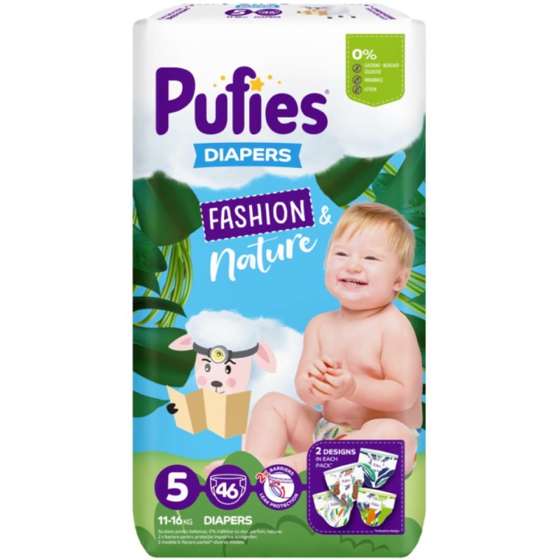Scutece Pufies Fashion and Nature, Maxi Pack, 5 Junior, 11-16 kg, 46 buc