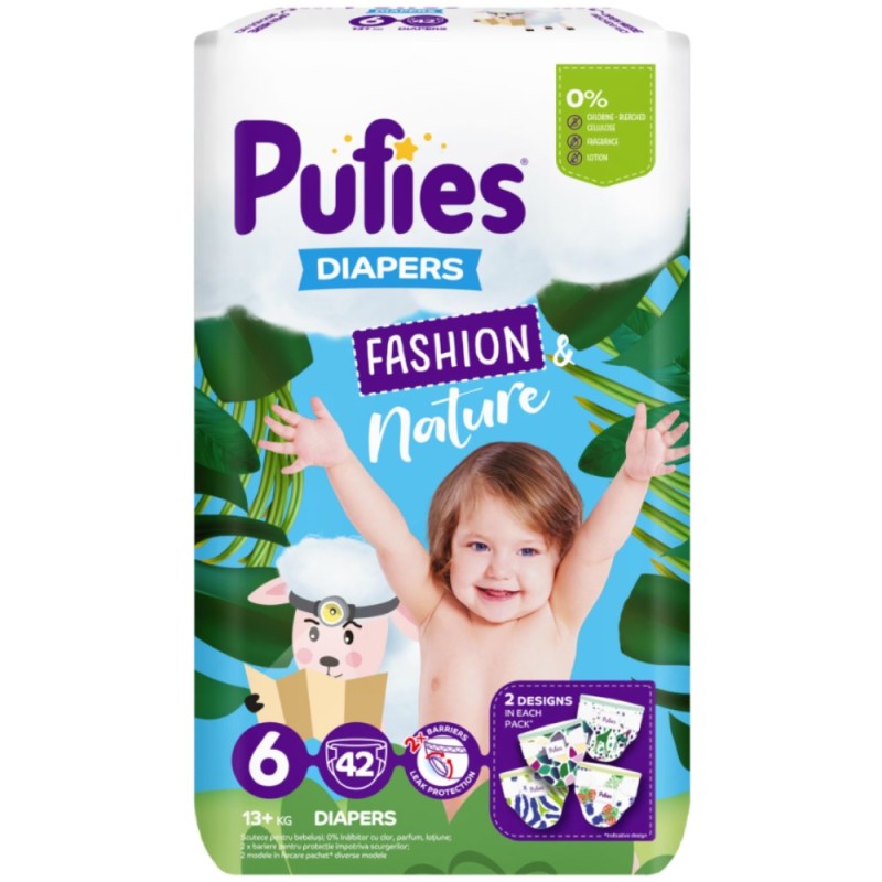 Scutece Pufies Fashion and Nature , Maxi Pack, 6 Extra Large, 13+ kg, 42 Bucati