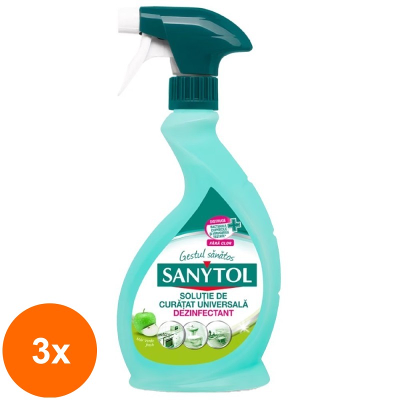 Set 3 x Solutie de Curatat Universala Dezinfectant Sanytol Mar Verde, 500 ml