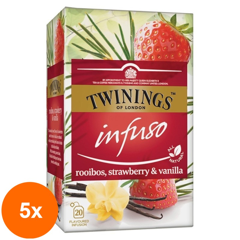 Set 5 x Ceai Twinings - Infuzie Rooibos, Capsuni si Vanilie, 20 pliculete, 40 g