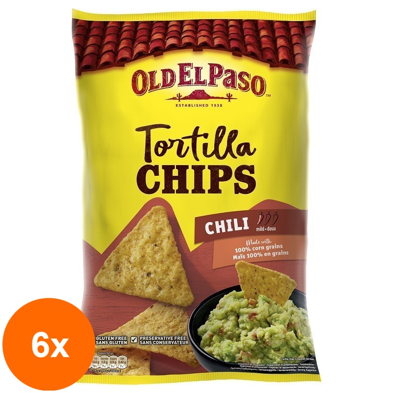 Set 6 x Tortilla Chips, Chipsuri fara Gluten,  Old El Paso Chili 185 g