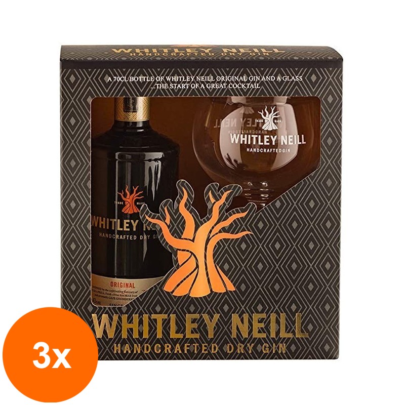 Set 3 x Pachet Gin Original, Whitley Neill, Dry Gin, 43% Alcool, 0.7 l + Copa Glass