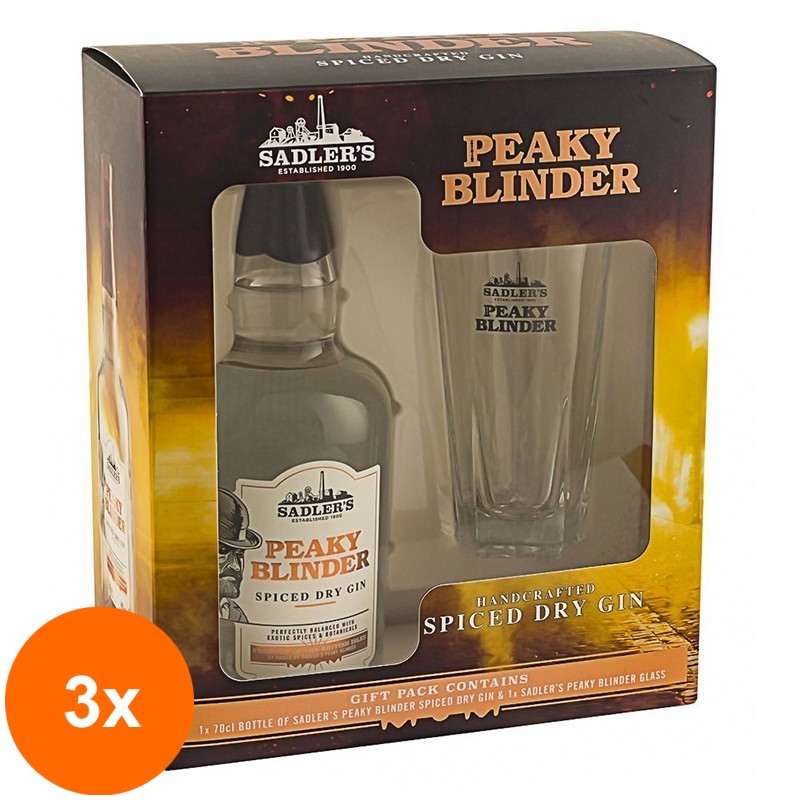 Set 3 x Pachet Gin Peaky Blinder, Spiced Dry, 40% Alcool, 0.7 l + Pahar