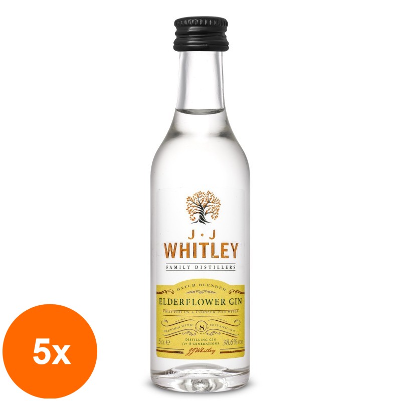 Set 5 x Gin Jj Whitley, Flori de Soc, Elderflower Gin, 38.6% Alcool, Miniatura, 0.05 l