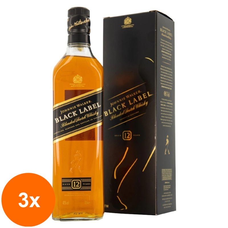 Set 3 x Whisky Johnnie Walker Black 12 Ani, 40% Alcool, 0.7 l