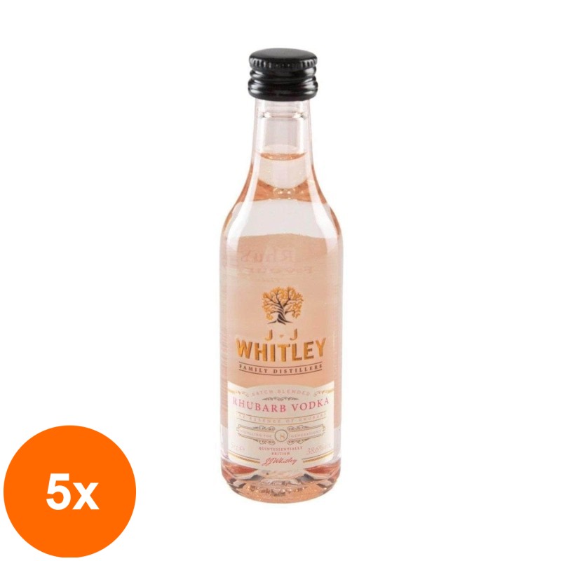 Set 5 x Vodca Jj Whitley, Rubarba, Rhubarb Vodka, 38.6% Alcool, Miniatura, 0.05 l