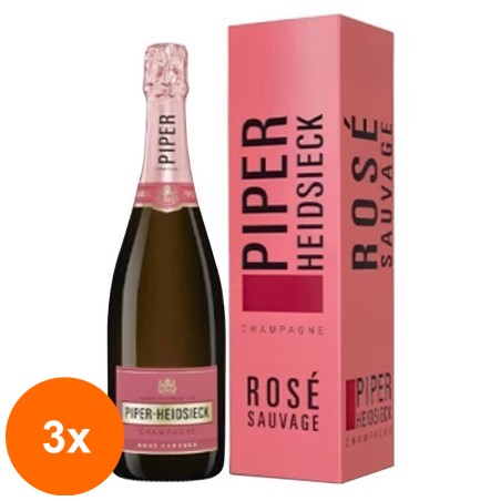 Set 3 x Sampanie Rose Piper Heidsieck Rose Sauvage 12% Alcool, Cutie Carton, 0.75 l...