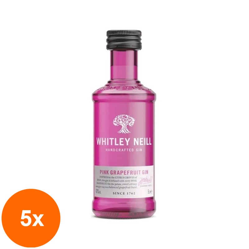 Set 5 x Gin Whitley Neill, Grapefruit Roz, Pink Grapefruit Gin, 43% Alcool, Miniatura, 0.05 l