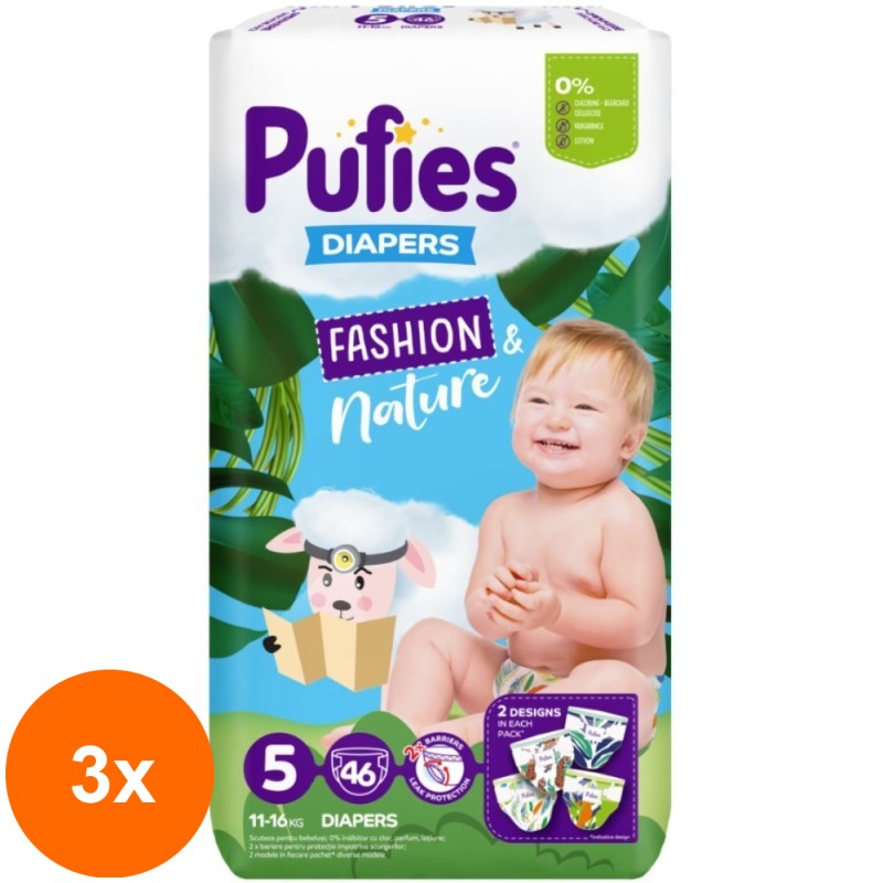 Set 3 x 46 Scutece Pufies Fashion and Nature, Maxi Pack, 5 Junior, 11-16 kg
