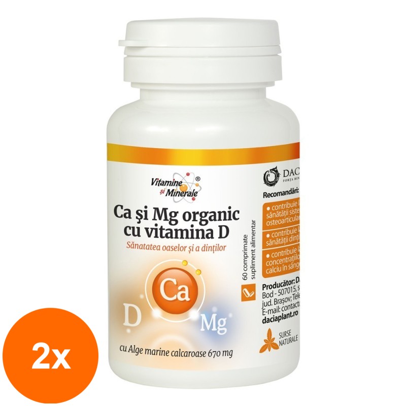 Set 2 x Calciu si Magneziu Organic cu Vitamina D, 60 Comprimate, Dacia Plant