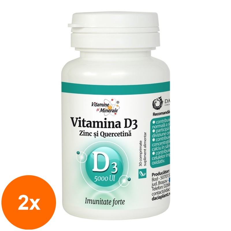 Set 2 x Vitamina D3 cu Zinc si Quercetina, 5000UI, 30 Comprimate, Dacia Plant