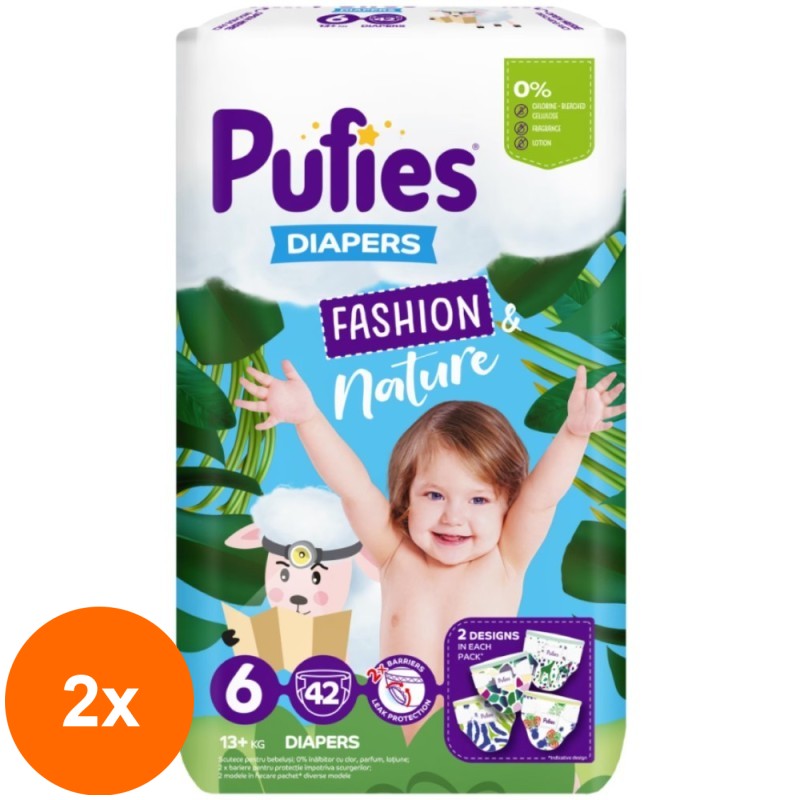Set 2 x Scutece Pufies Fashion and Nature , Maxi Pack, 6 Extra Large, 13+ kg, 42 Bucati