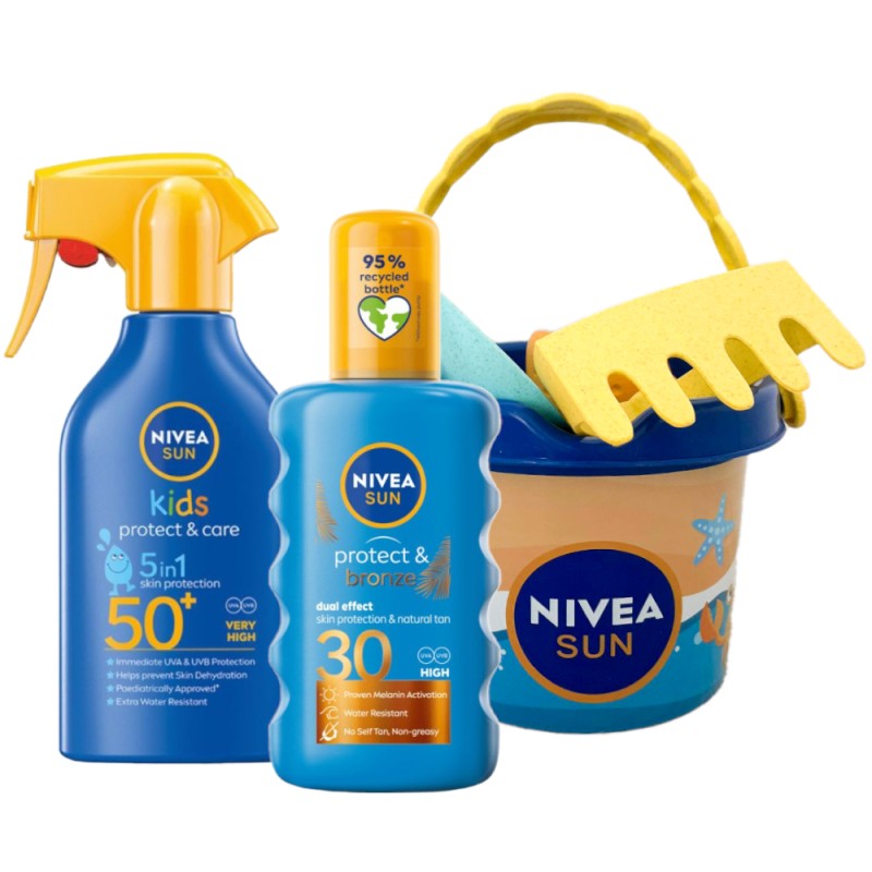 Set Nivea Lotiune Sun Kids Protect & Care FPS50 270 ml, Ulei Spray Protect & Bronze FPS30 200 ml si Galetusa Jucarii Nisip