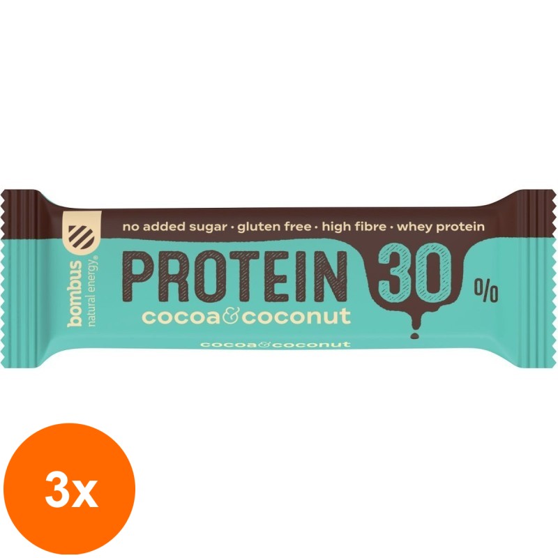 Set 3 x Baton Proteic cu Cacao si Nuca de Cocos, 30% Proteine, 50g Bombus