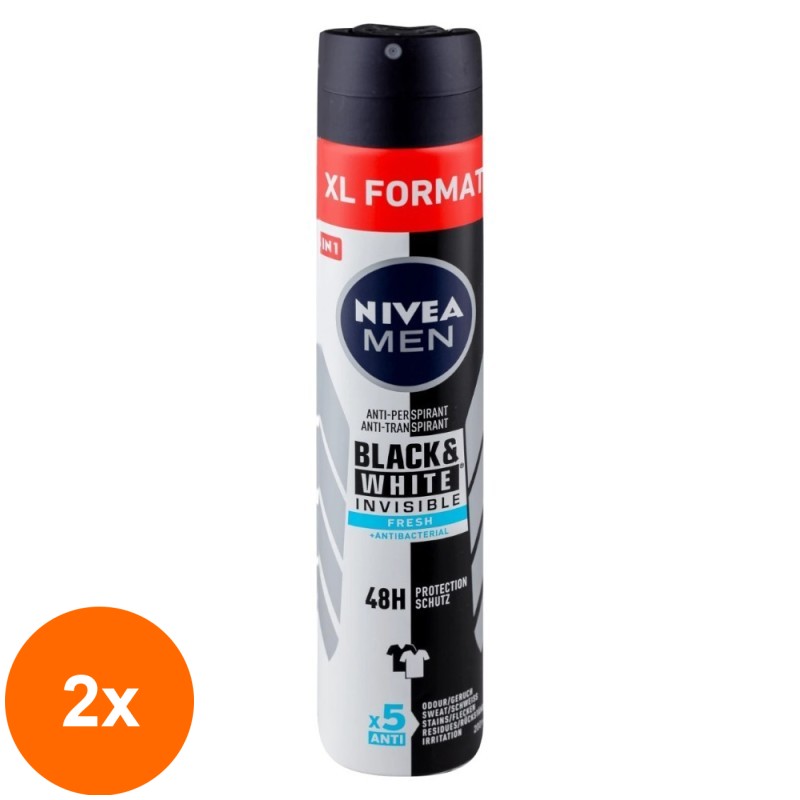 Set 2 x Deodorant Spray Nivea Men Invisible Black & White Fresh, 200 ml