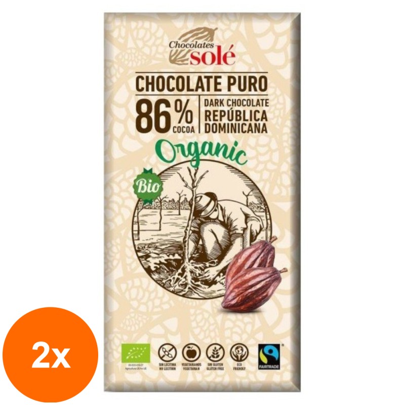 Set 2 x Ciocolata Neagra BIO 86% Cacao, 100 g, Chocolates Sole