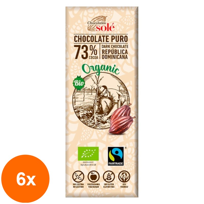 Set 6 x Mini Tableta Ciocolata Neagra BIO 73% Cacao, 25 g, Chocolates Sole