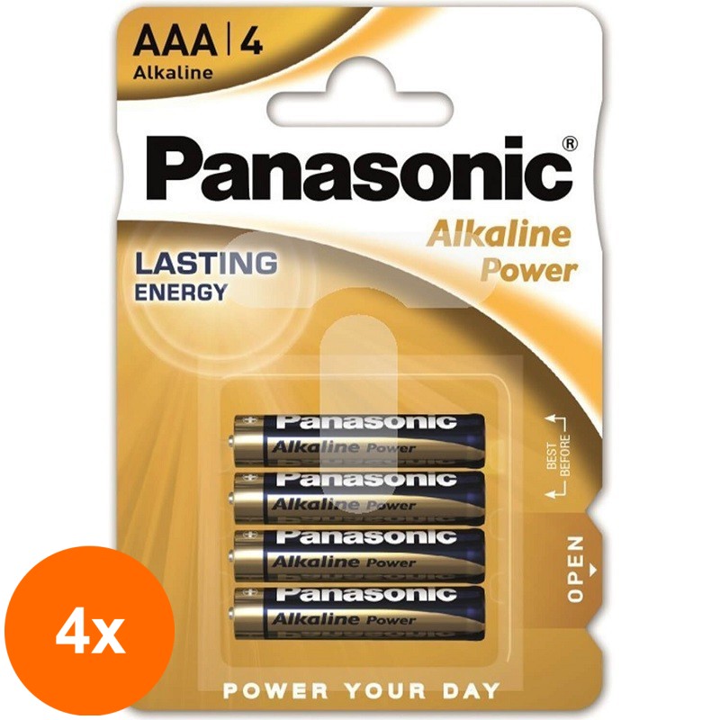 Set 4 x Baterii Alcaline AAA, R3, Panasonic Alkaline Power, 1.5 V, Blister 4 Baterii
