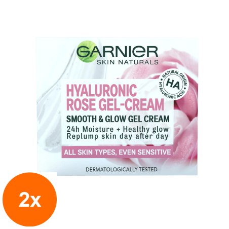 Set 2 x Gel-Crema Garnier Skin Naturals Hyaluronic Rose pentru Netezire si Iluminare, 50 ml...
