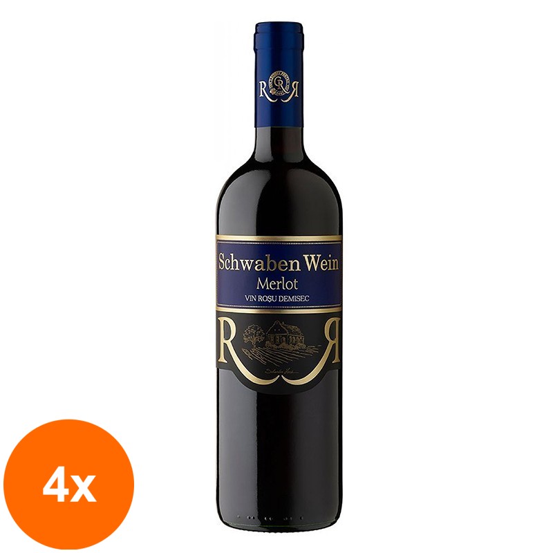 Set 4 x Vin Schwaben Wein Cramele Recas Merlot, Rosu Demisec 0.75 l