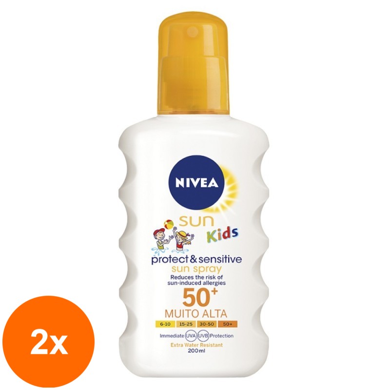 Set 2 x Spray cu Protectie Solara Nivea Sun Kids Protect & Sensitive, SPF 50+, pentru Copii, 200 ml