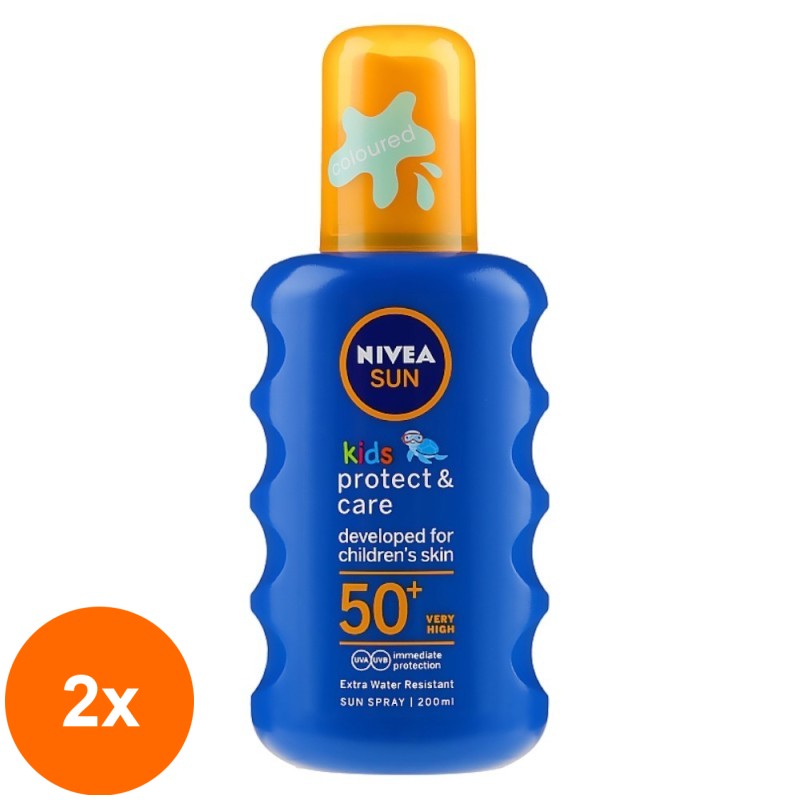Set 2 x Spray cu Protectie Solara Colorat Nivea Sun Kids Protect & Care, SPF 50+, pentru Copii, 200 ml