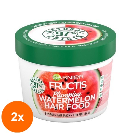 Set 2 x Masca pentru Par Garnier Fructis Hair Food Pepene Verde, pentru Parul Subtire, 390 ml...