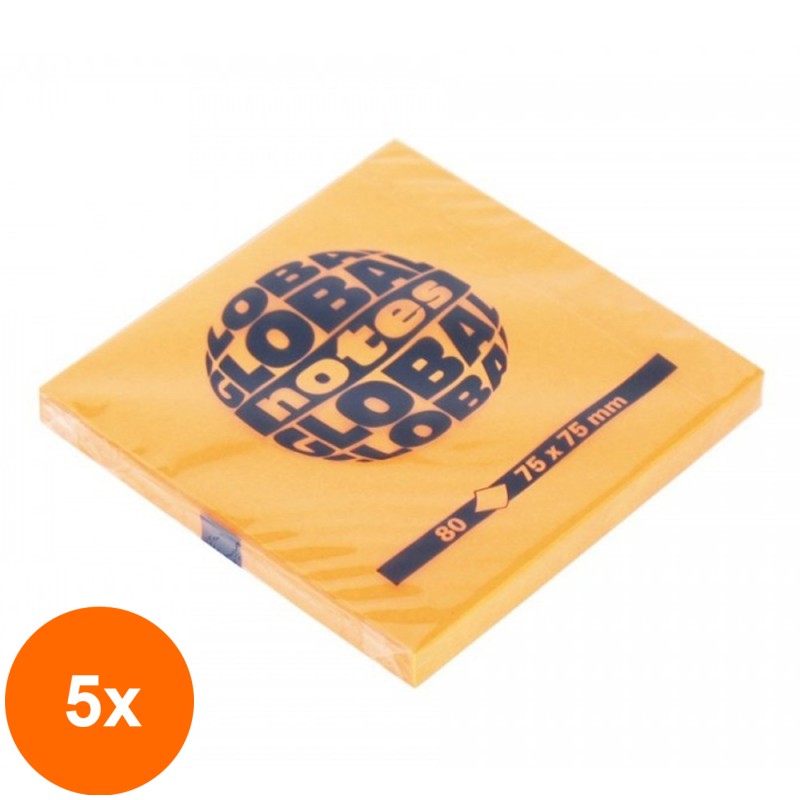 Set 5 x Notite Autoadezive, Orange Neon, 80 File, 75 x 75 mm