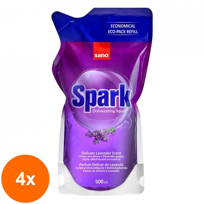 Set 4 x Rezerva Detergent de Vase Sano Spark, cu Lavanda, 500 ml