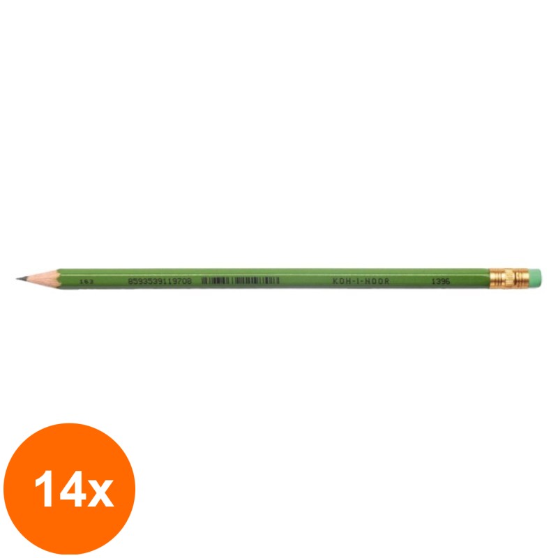 Set 14 x Creion Grafit HB cu Guma, Verde, Koh-I-Noor