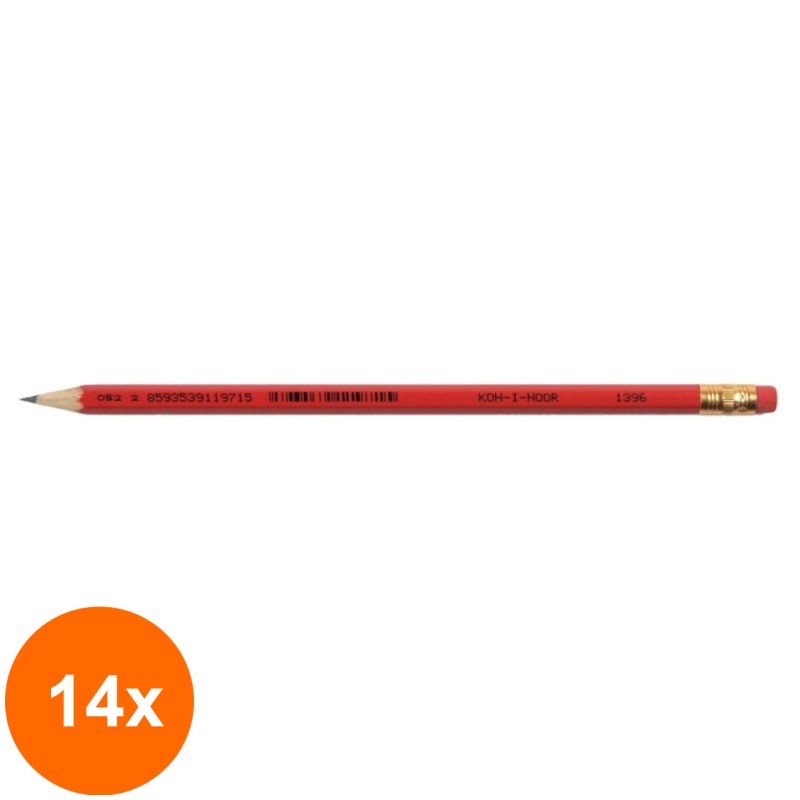 Set 14 x Creion Grafit HB cu Guma, Rosu, Koh-I-Noor