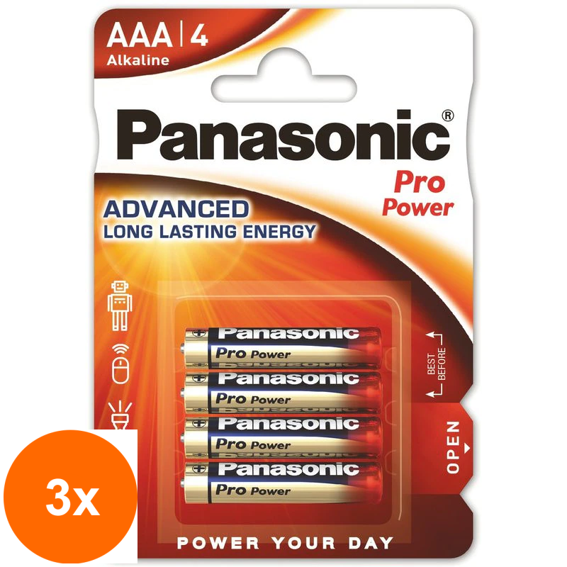 Set 3 x 4 Baterii Alcaline Aaa, R3, Panasonic Alkaline Pro Power, 1.5 V