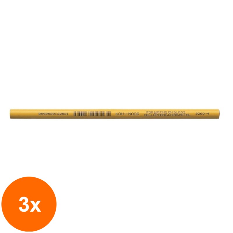 Set 3 x Creion Special Galben, pentru Scriere pe Sticla, Portelan, Plastic, Metal, 4.3 x 7.5 x 175 mm, Koh-I-Noor