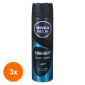 Set 3 x Deodorant Spray Nivea Men Deep Black Carbon Beat, 150 ml