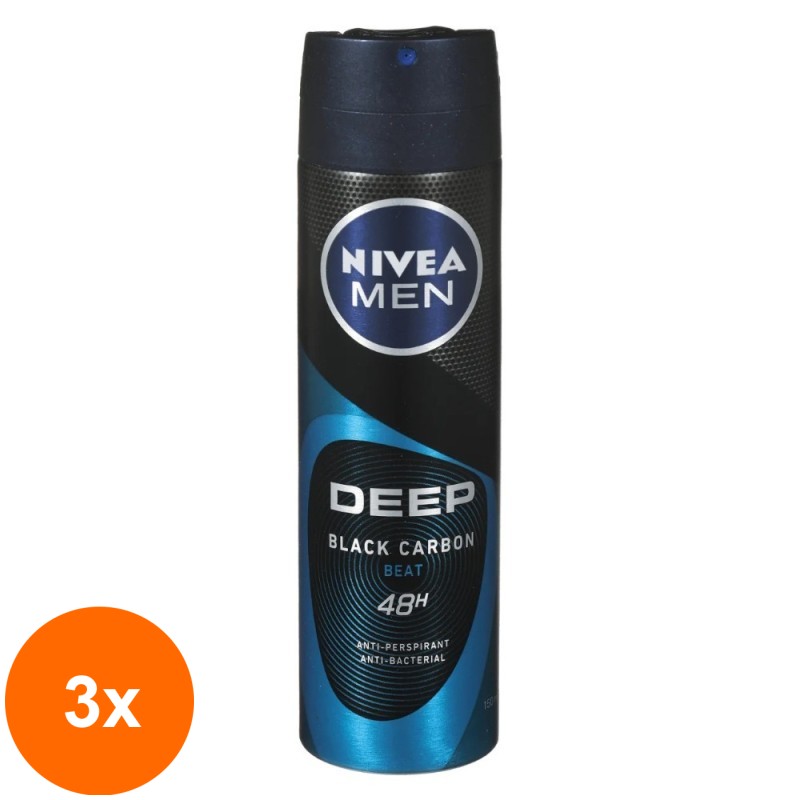 Set 3 x Deodorant Spray Nivea Men Deep Black Carbon Beat, 150 ml