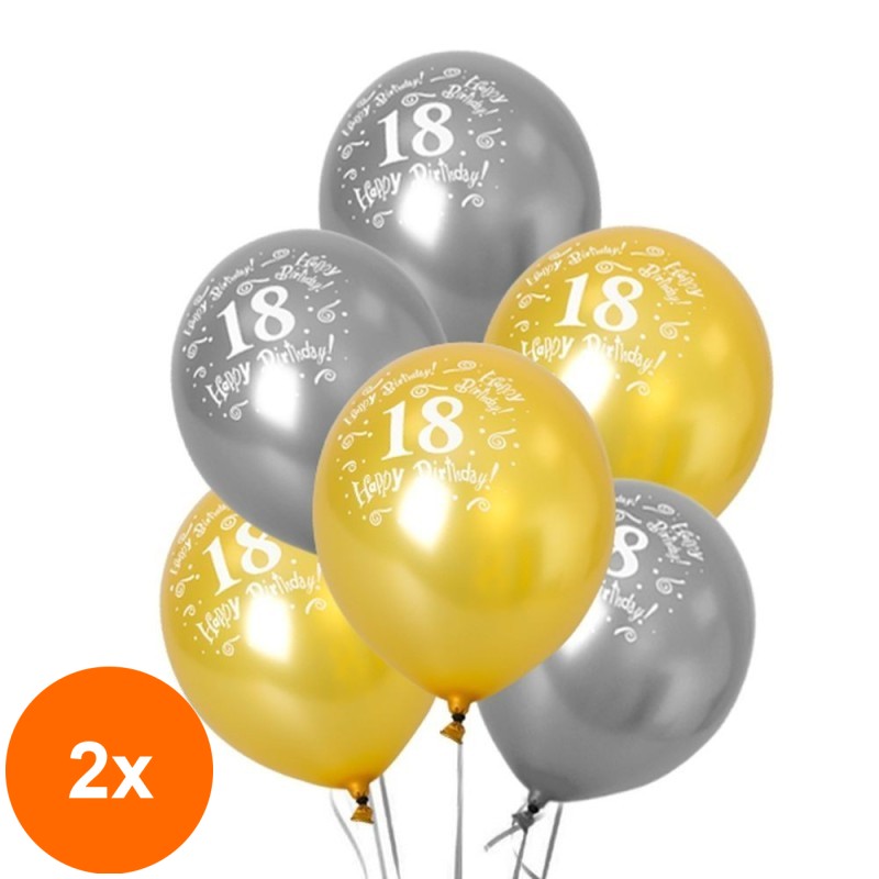 Set 2 x 8 Baloane Classic, Aurii si Argintii, 18 Birthday