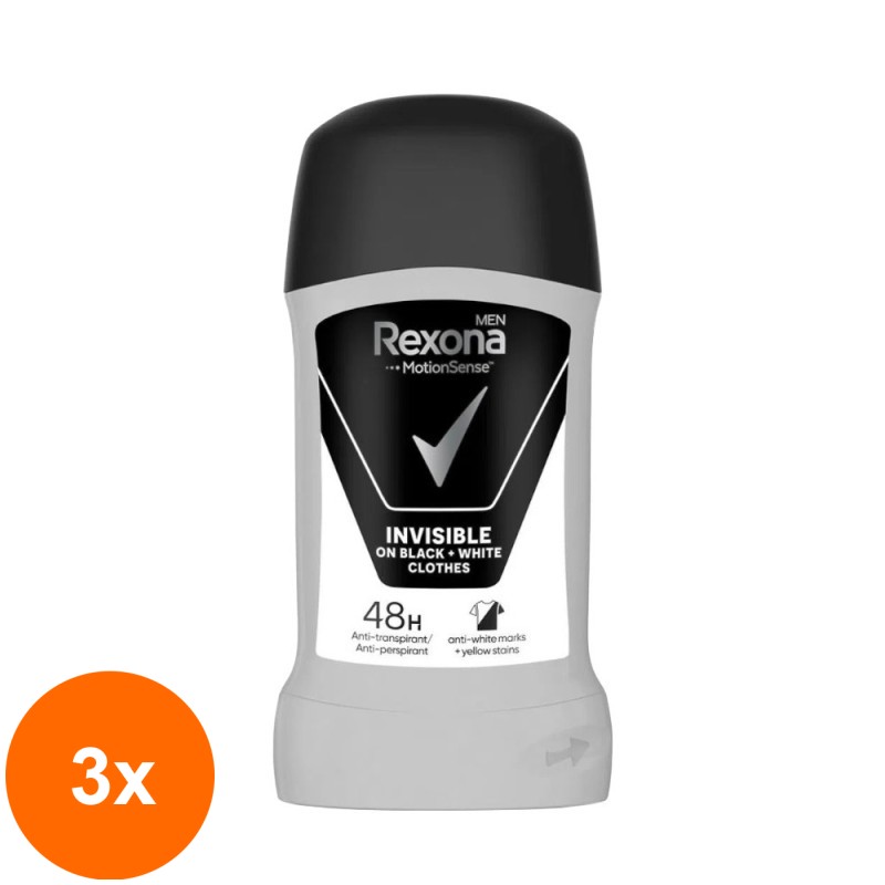 Set 3 x Deodorant Stick Rexona Men Invisible, pentru Barbati, 50 ml