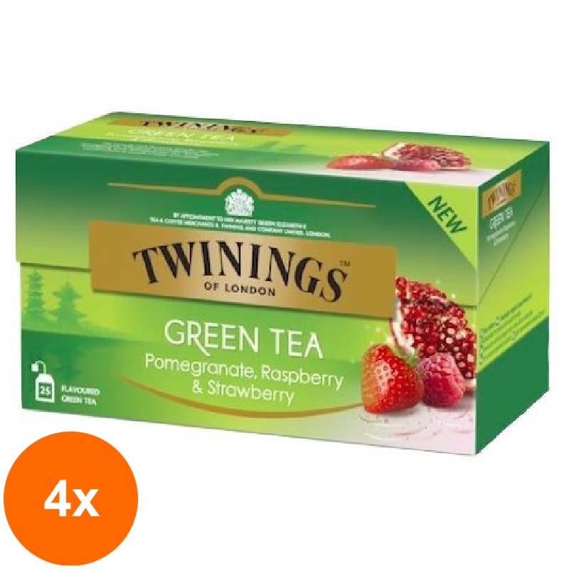 Set 4 x Ceai Twinings Verde cu Aroma de Rodie, Zmeura si Capsuni 25 Pliculete, 37.5 g