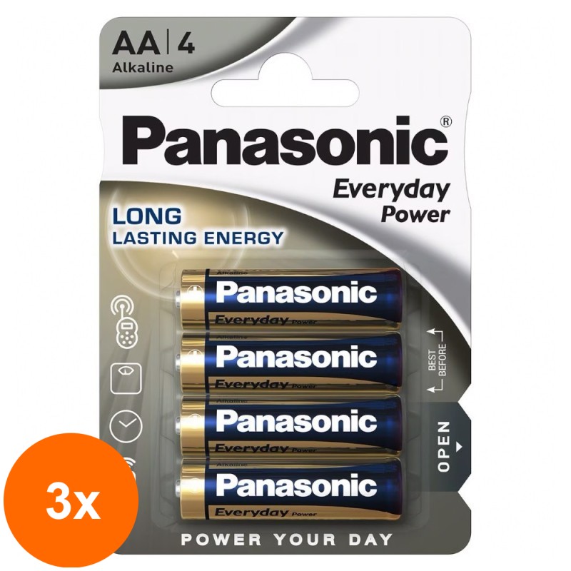Set 3 x 4 Baterii Panasonic Alkaline Power Lasting Energy LR6/AA
