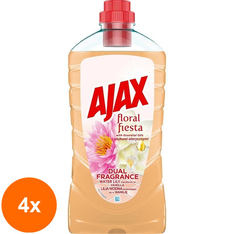 Set 4 x Detergent Universal Multisuprafete Ajax Floral Fiesta Dual Fragrance, Nufar si Vanilie, 1 l