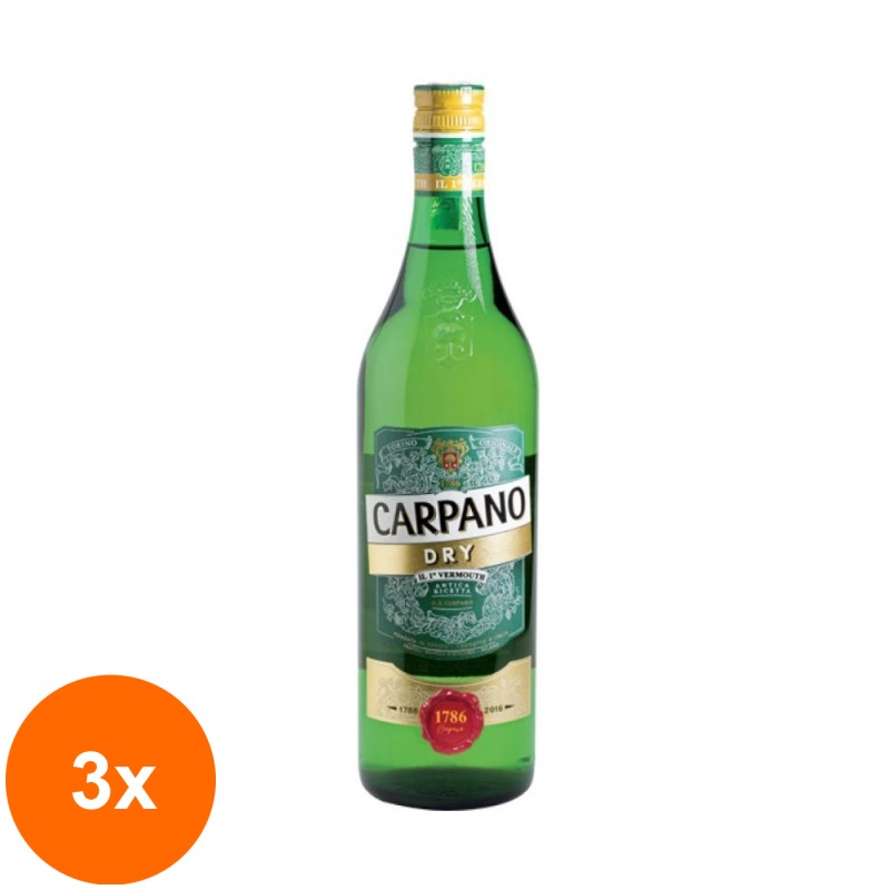 Set 3 x Vermut Branca Carpano Dry, 18% Alcool, Alb, 1 l