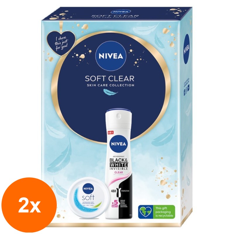 Set 2 x Caseta Cadou Femei, Nivea Soft Clear, Crema Soft si Deodorant Spray Black & White Clear