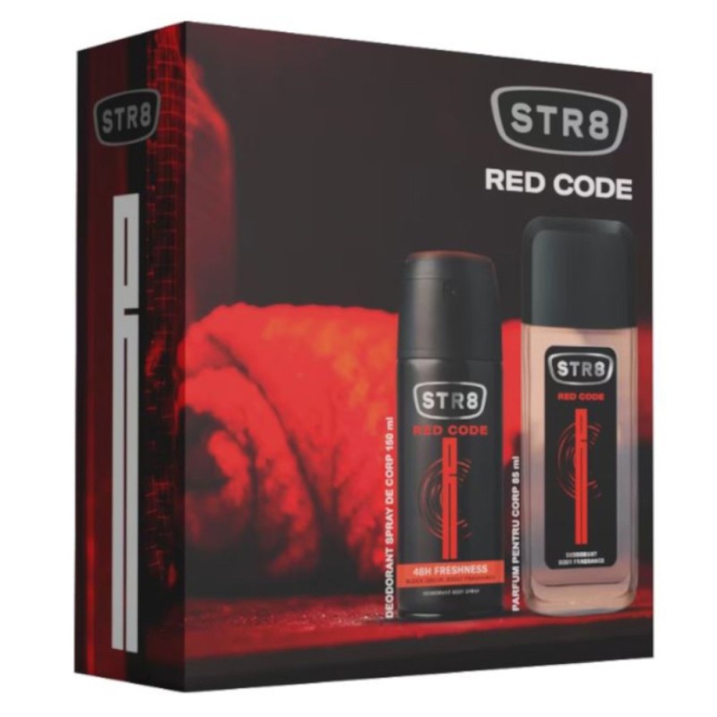 Set Cadou STR8 Red Code Parfum pentru Corp, 85 ml si Deodorant Spray pentru Corp, 150 ml