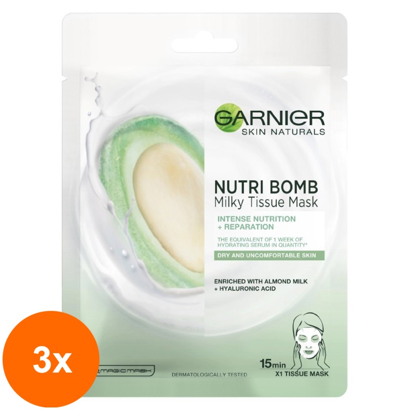 Set 3 x Masca Servetel Garnier Skin Naturals Nutri Bomb, cu Lapte de Migdale si Acid Hialuronic, pentru Ten Uscat, 28 g