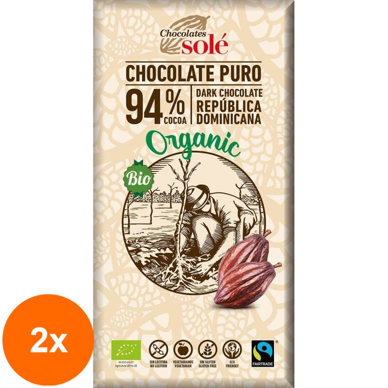 Set 2 x Ciocolata Neagra Bio si Fairtrade 94% Cacao, 100g Chocolates Sole
