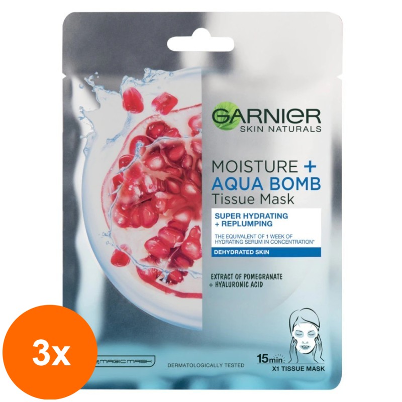 Set 3 x Masca Servetel Garnier Skin Naturals Moisture Aqua Bomb, cu Rodie, 32 g
