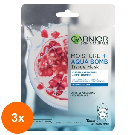 Set 3 x Masca Servetel Garnier Skin Naturals Moisture Aqua Bomb, cu Rodie, 32 g...