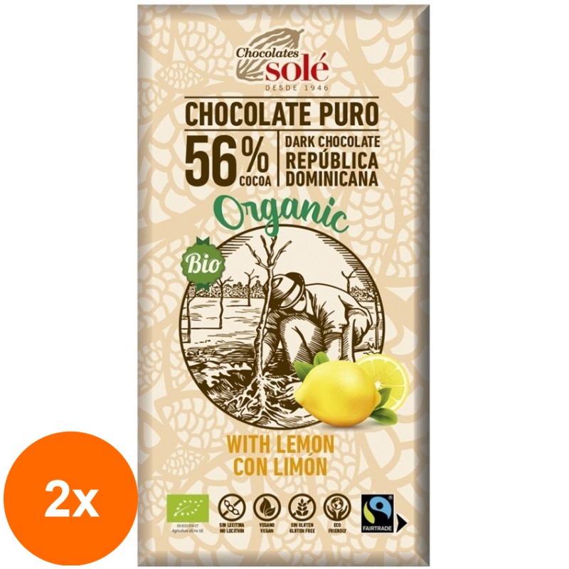 Set 2 x Ciocolata BIO cu Lamaie 56% Cacao, 100 g, Chocolates Sole
