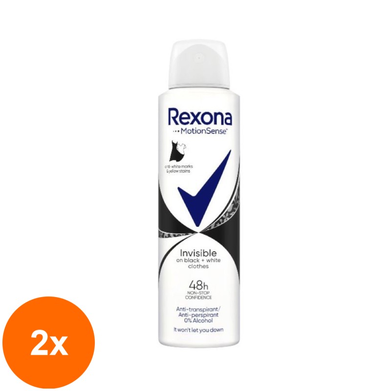 Set 2 x Deodorant Antiperspirant Spray Rexona Invisible Black&White pentru Femei, 150 ml