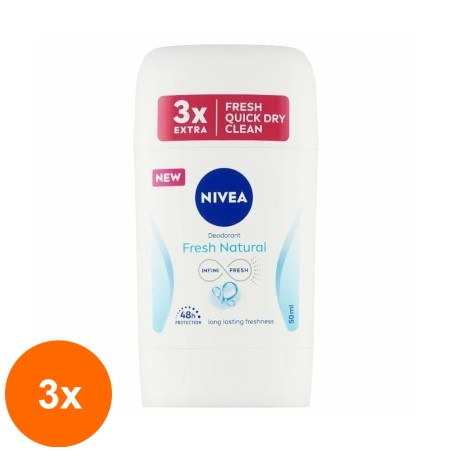Set 3 x Deodorant Stick pentru Femei, Nivea Fresh Natural 0% Aluminiu 50 ml...